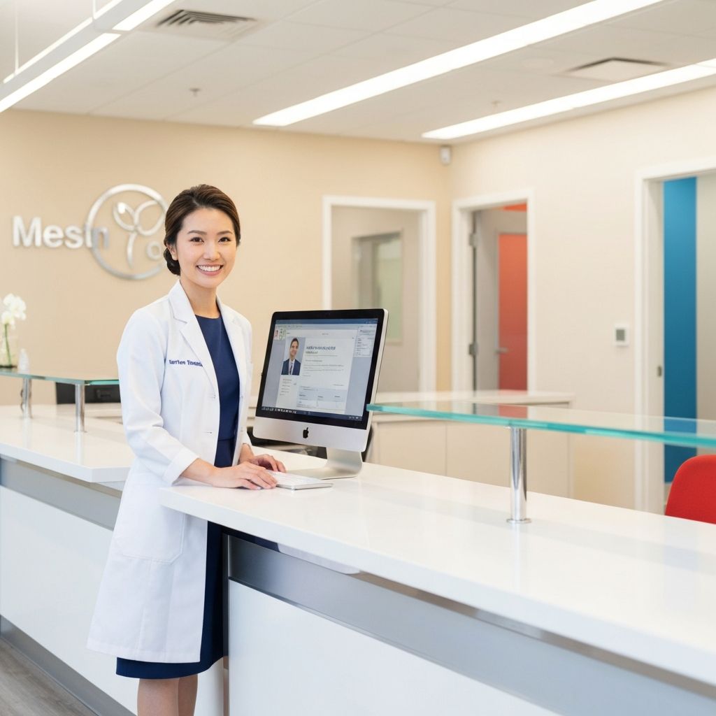 Medizinische Fachangestellte am Empfang einer modernen Arztpraxis